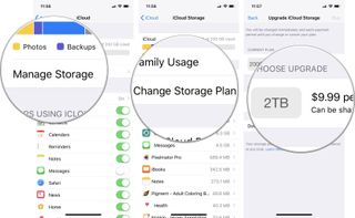 How to buy more iCloud storage on iPhone and iPad by showing steps: Tap Manage Storage, tap Change Storage Plan, tap on an available plan