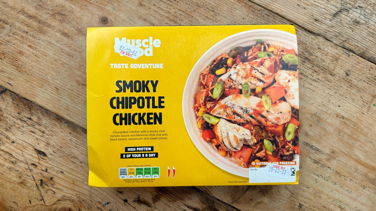 Prepped Pots Smoky Chipotle Chicken meal in packaging on table. Text, in part, reads &quot;high protein&quot; and &quot;two of your five a day&quot;