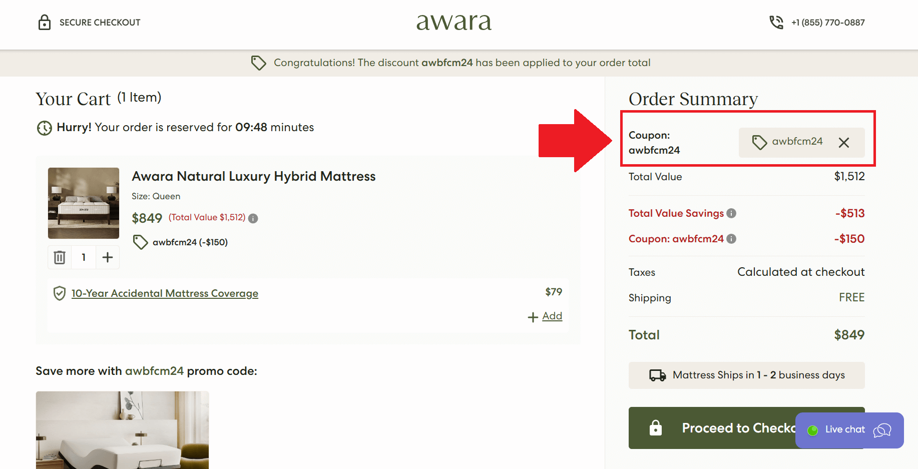 A screenshot of the Awara checkout page and where to enter your awara coupon code