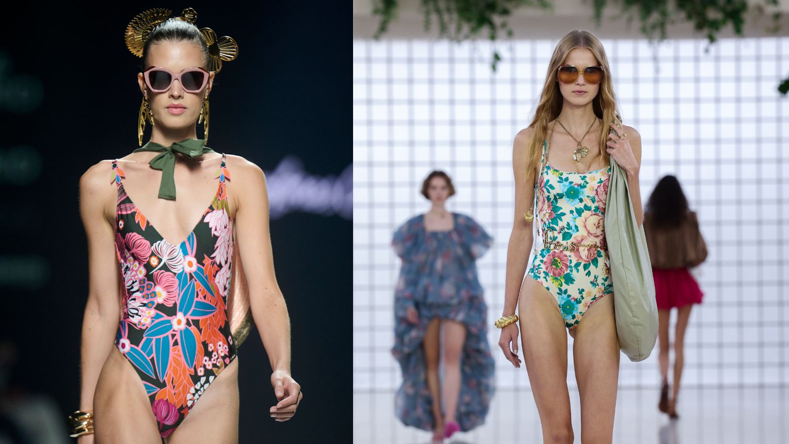 two models in floral swimwear