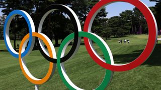 The Olympic rings during the golf event at the 2020 Tokyo Games