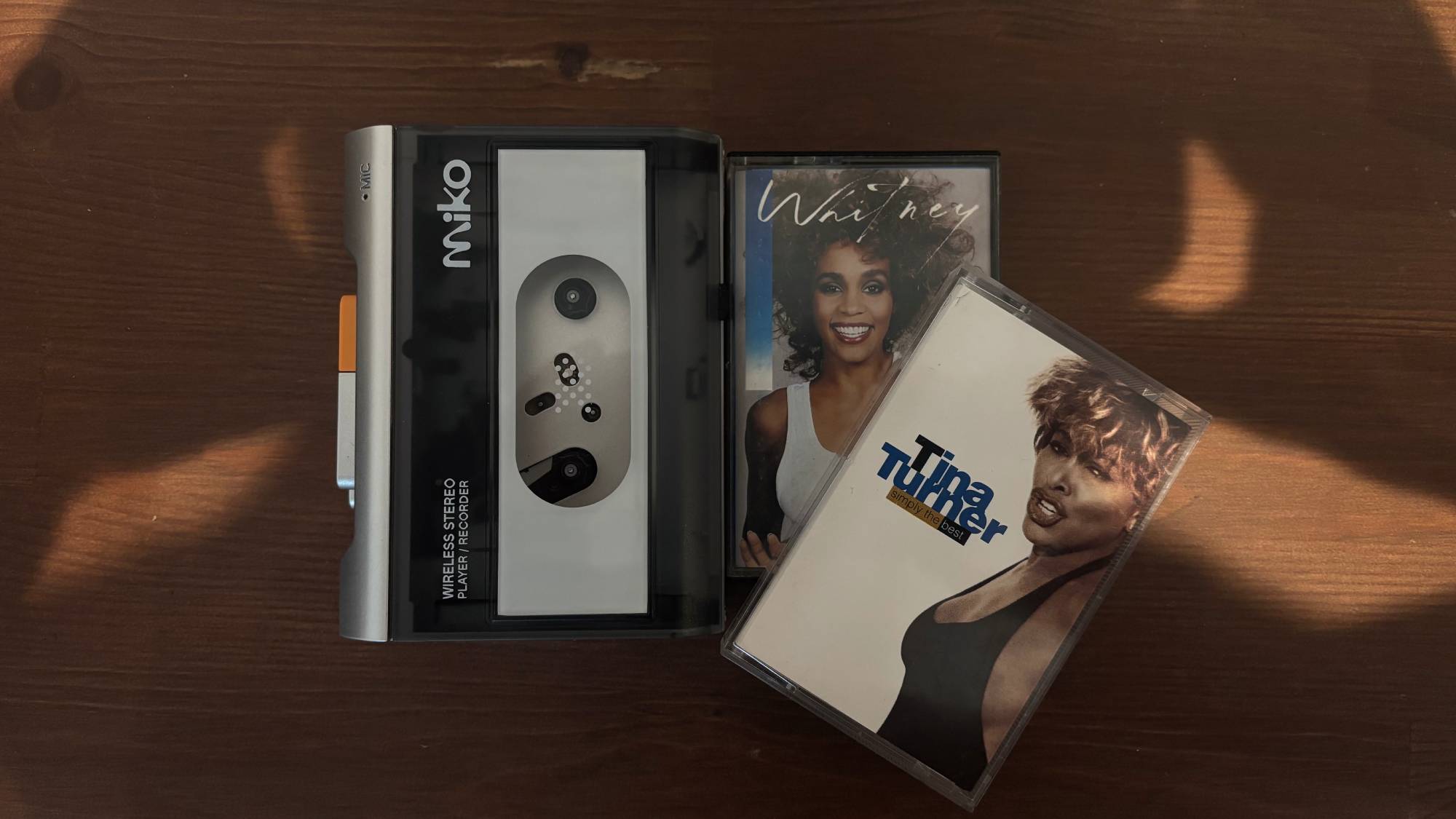 The Miko cassette player by Gadhouse next to Whitney Houston and Tina Turner tapes
