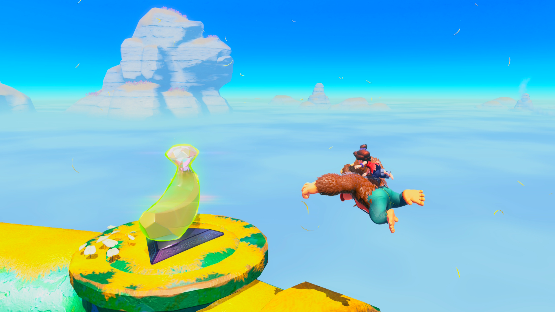 Donkey Kong and Pauline diving for a Banandium Gem in Donkey Kong Bananza