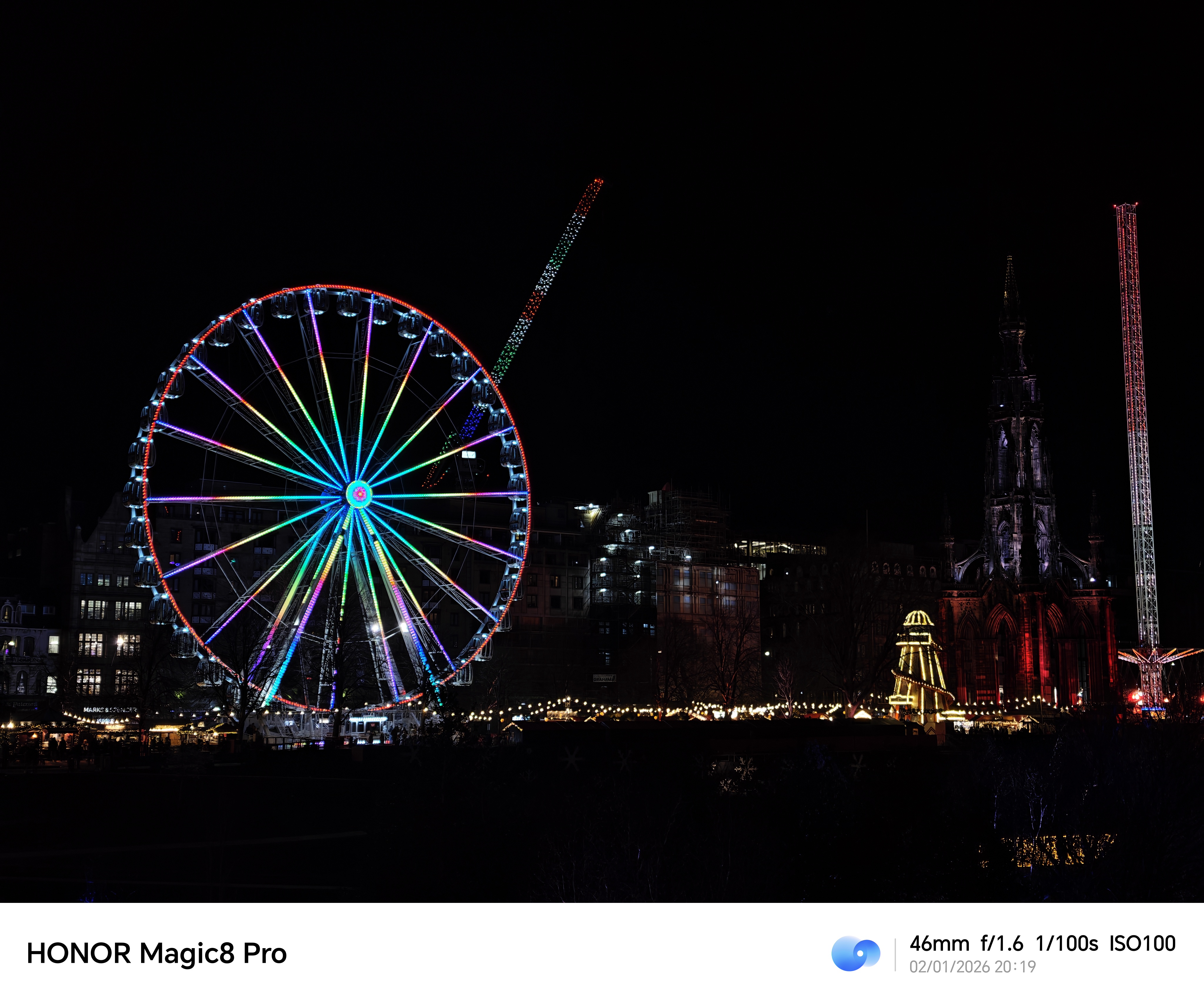 Honor Magic 8 Pro camera sample Shard Edinburgh Christmas market night