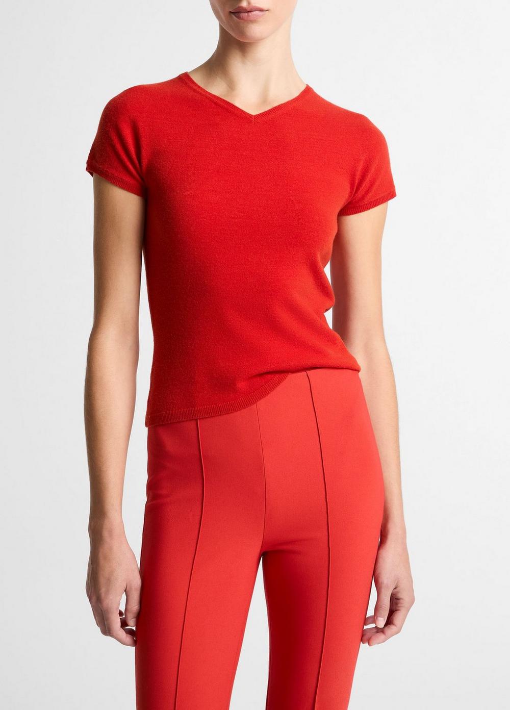 Wool &amp;amp; Cashmere-Blend High V-Neck Short-Sleeve Sweater