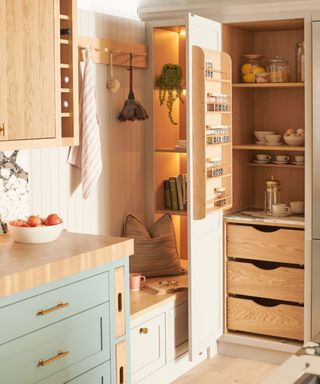 A cosy kitchen featuring a larder cupboard with lit shelves, integrated spice storage, and natural wood drawers. A teal-painted cabinet with brass handles adds color, while a seating nook with a cushion and books creates a relaxing corner.