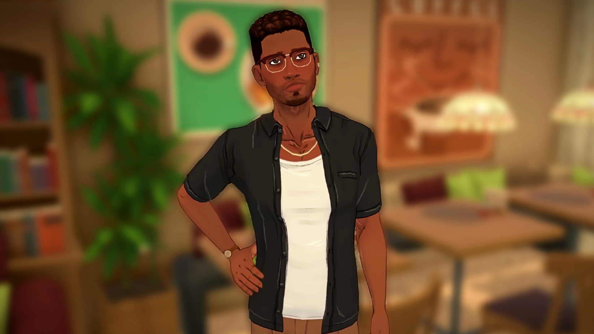 Paralives male Para with blurred dining room background, standing with hand on his hip