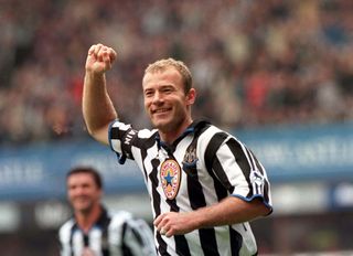Alan Shearer celebrates a Premier League goal for Newcastle