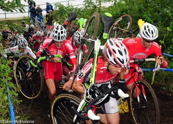 Eric Br&uuml;ngger (Philadelphia Cyclocross School), with the green bar tape, in the thick of the action during the Shimano NEPCX - Gran Prix of Gloucester