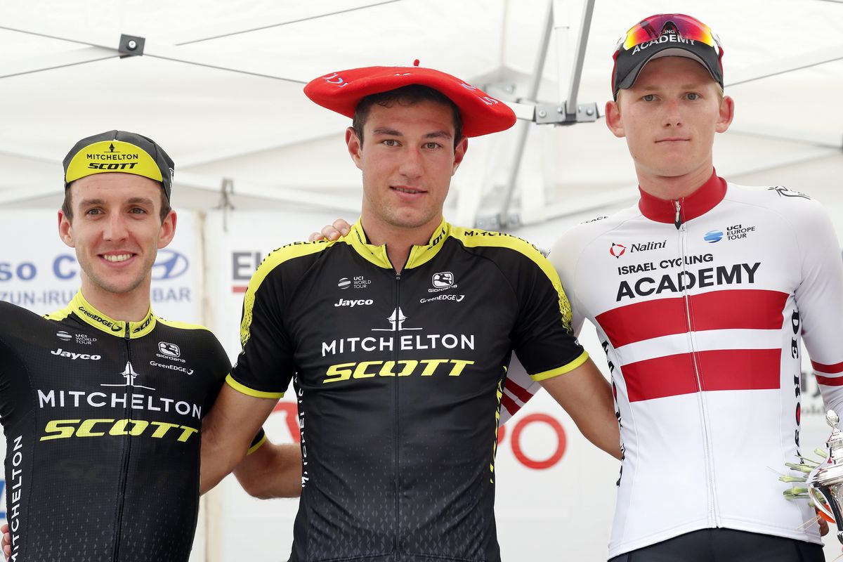 Simon Yates, Rob Power and Krists Neilands on the podium