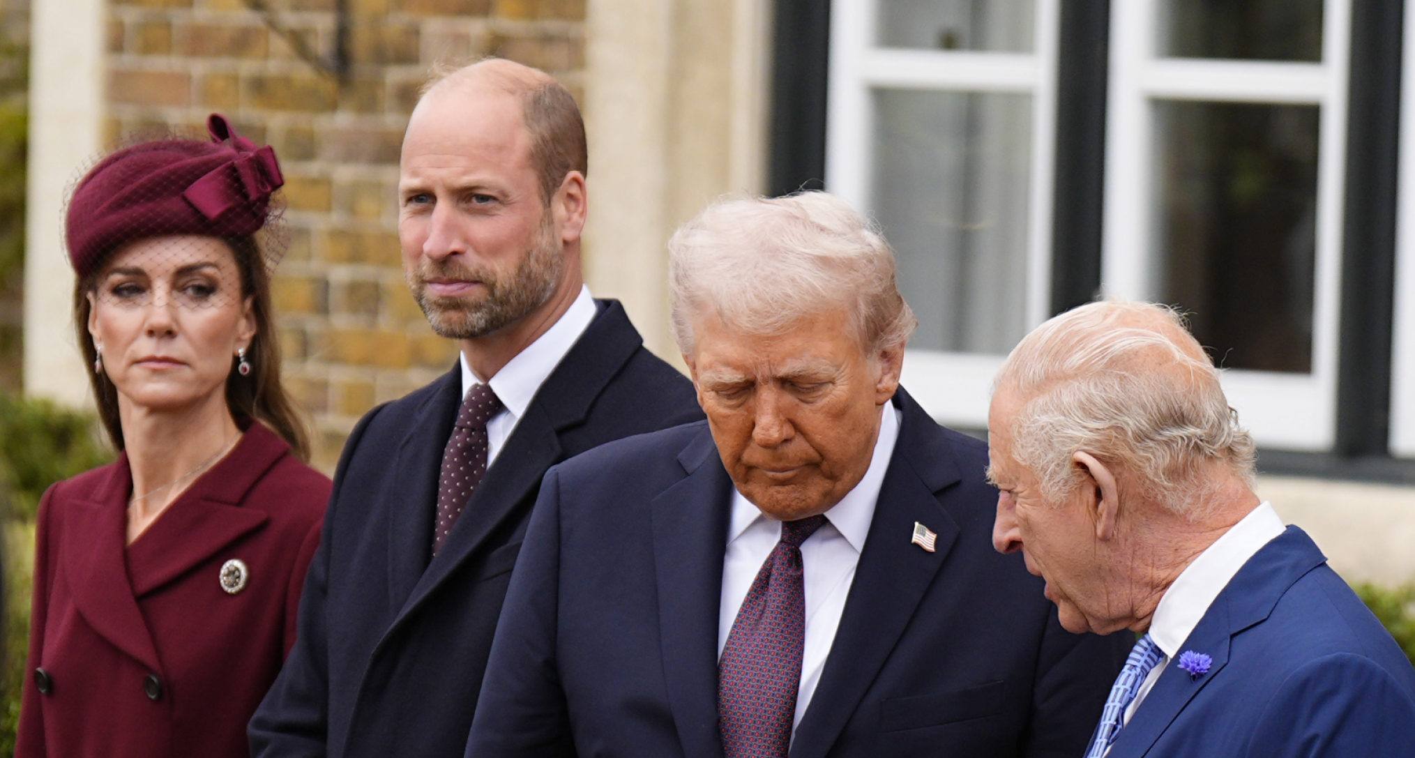 Princess Kate, Prince WIlliam, Donald Trump and King Charles standing in a row in suits