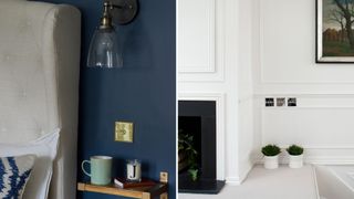 Navy blue bedroom with gold lights switch next to a white liing room showing three chrome light switches to show how to make a home look expensive with finer details