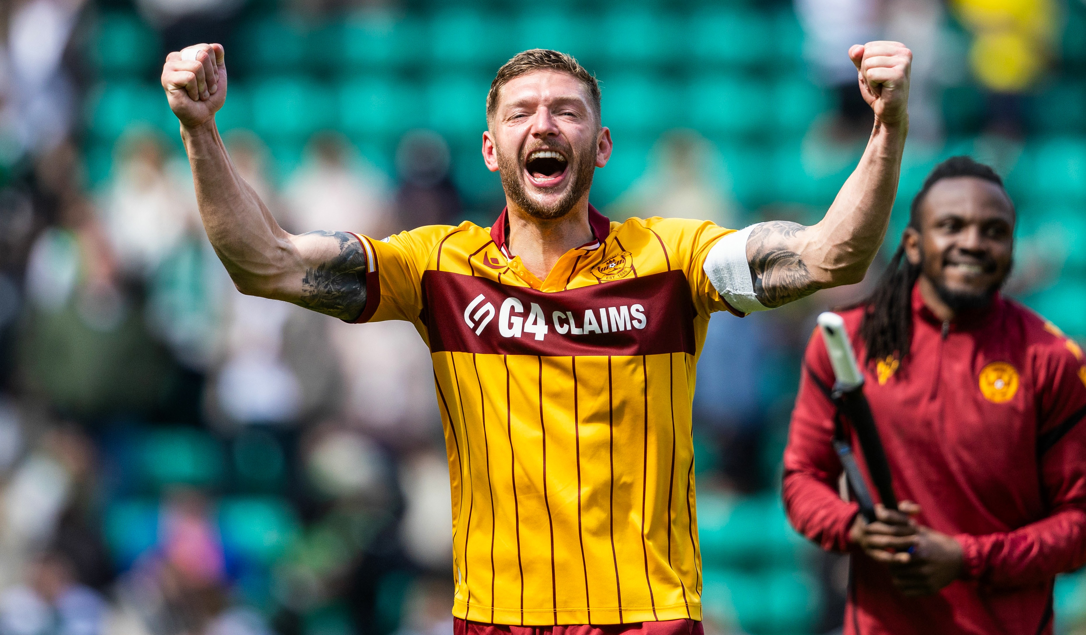 Motherwell's Liam Gordon celebrates at full time during a William Hill Premiership match between Hibernian and Motherwell at Easter Road