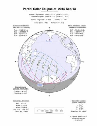 This NASA graphic shows the path of visibility for the partial solar eclipse of Sept. 13, 2015. The eclipse will be visible from parts of southern Africa, as well as Antarctica.