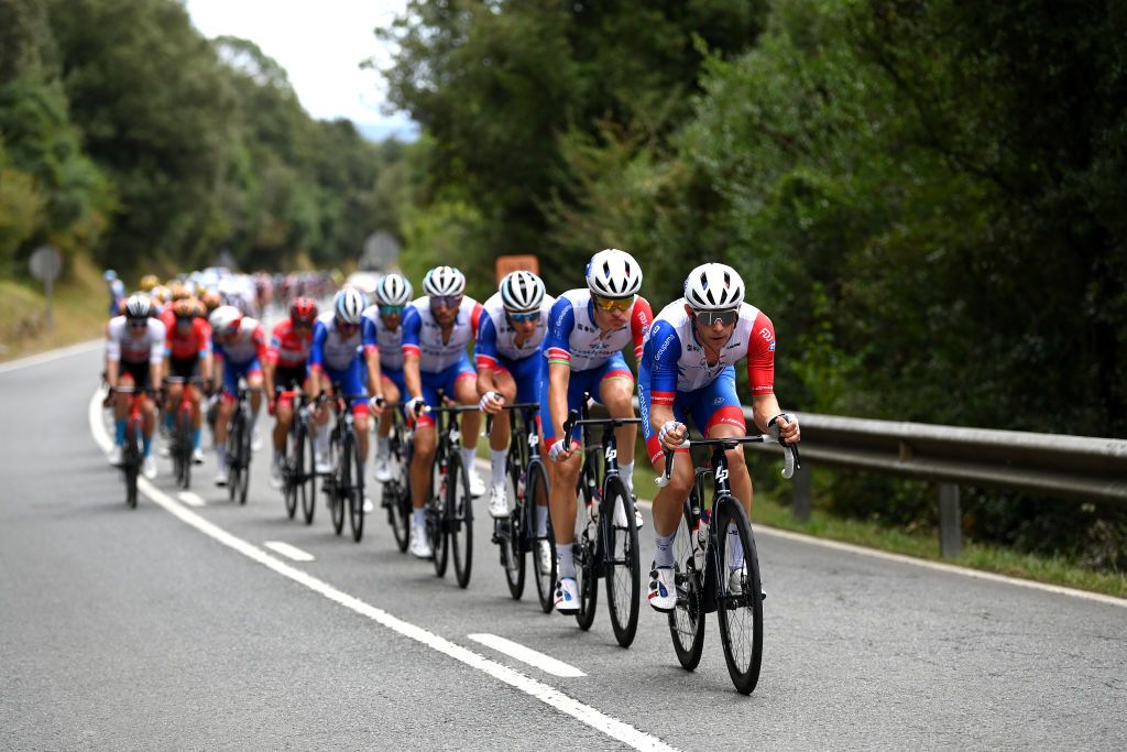 SAN MIGUEL DE AGUAYO SPAIN AUGUST 25 Fabian Lienhard of Switzerland and Team Groupama FDJ leads the peloton during the 77th Tour of Spain 2022 Stage 6 a 1812km stage from Bilbao to Ascensin al Pico Jano San Miguel de Aguayo 1131m LaVuelta22 WorldTour on August 25 2022 in Pico Jano San Miguel de Aguayo Spain Photo by Justin SetterfieldGetty Images