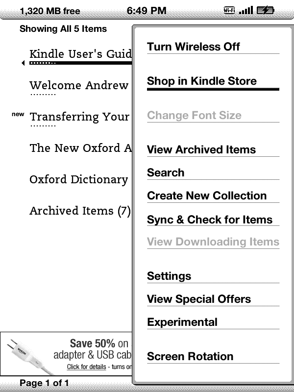 Kindle (4th-gen) Menu