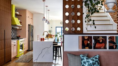 Shot of a maximalist kitchen from the view of the living room. The stove hutch is a neon yellow with a checkerboard backsplash. There are peach cabinets and a white marble island