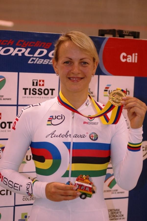 Simona Krupeckaite (Lithuania) celebrates her win in the women's 500m time trial