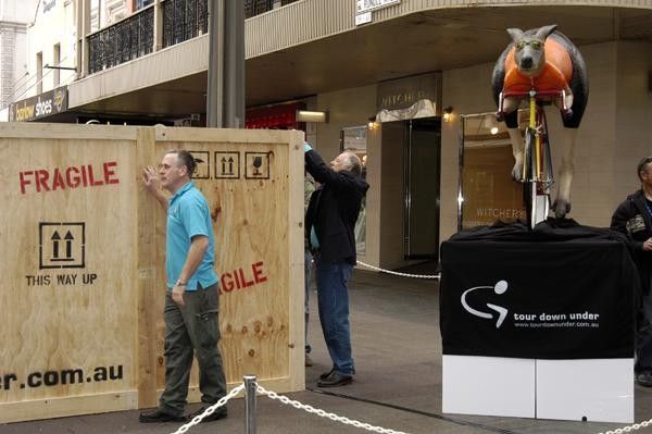 The Tour Down Under secret held on guard in Adelaide's Rundle Mall since Saturday being unveiled at today's sponsorship announcement.
