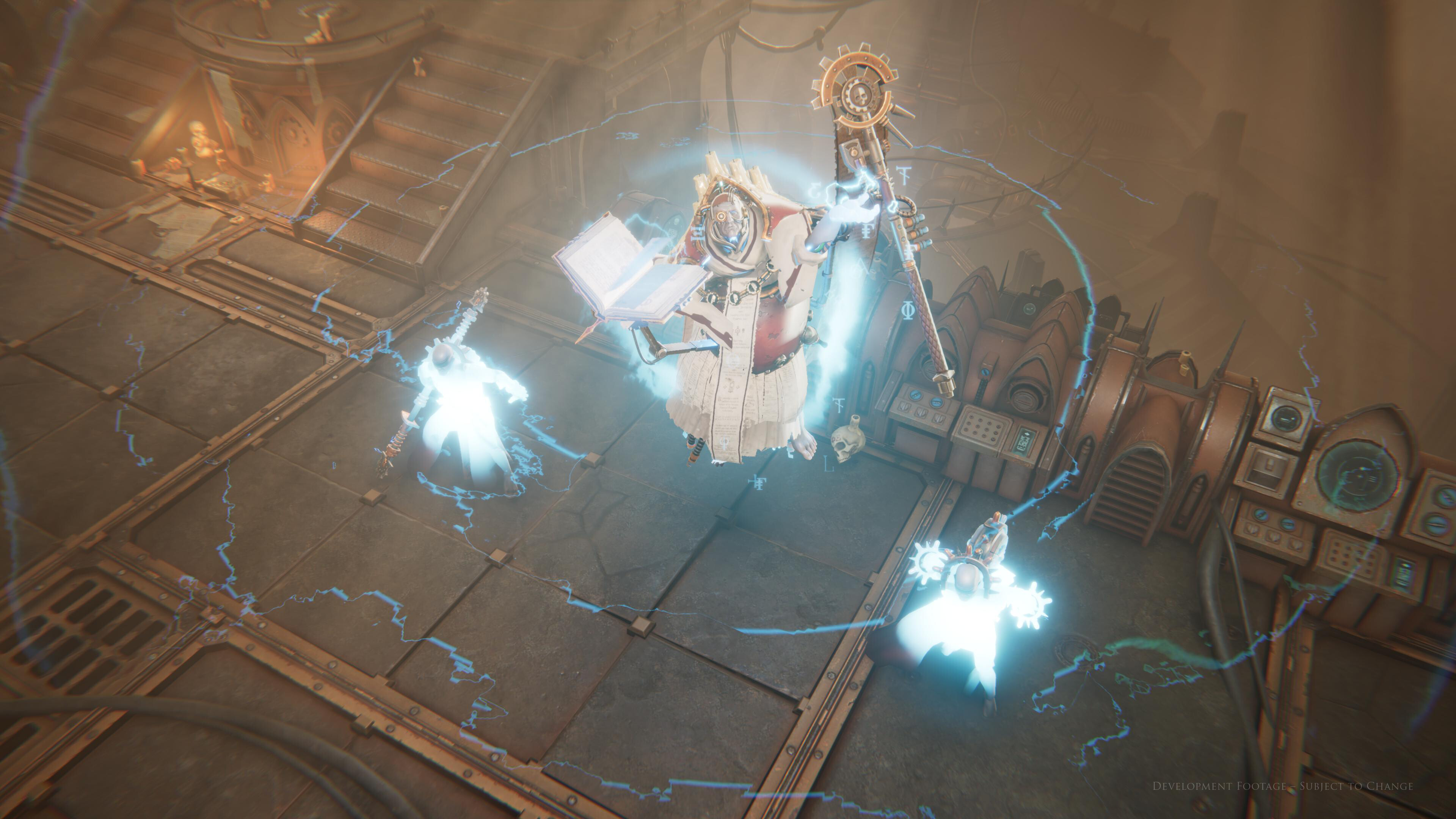 Promotional screenshot of tech-priests from the Adeptus Mechanicus in Warhammer 40,000: Mechanicus 2