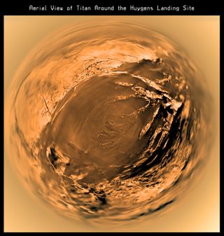 This distorted fish-eye projection shows a view of Titan’s surface from 5 kilometres above the surface. It is built with images taken during descent by the Descent Imager/Spectral Radiometer (DISR) on board ESA’s Huygens mission, on Jan. 14, 2005.