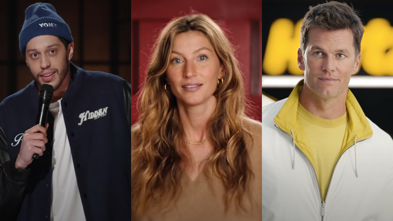 Pete Davidson, Gisele Bündchen, and Tom Brady pictured side-by-side.
