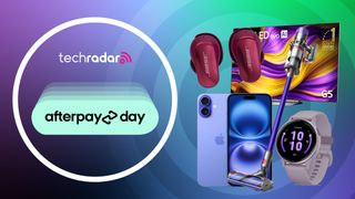 An assortment of tech on a purple, blue and green gradient background. The Afterpay Day logo is on the left, inside a white circle.