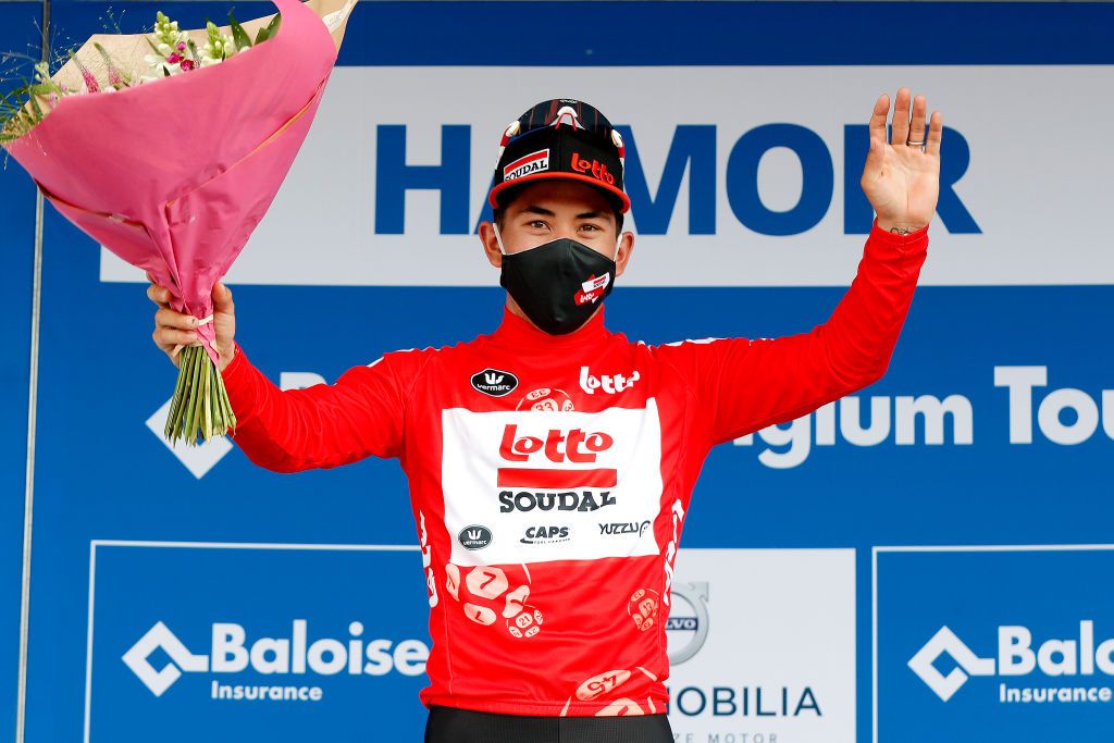 HAMOIR BELGIUM JUNE 12 Caleb Ewan of Australia and Team Lotto Soudal Robbe Red Points Jersey celebrates at podium during the 90th Baloise Belgium Tour 2021 Stage 4 a 1527km stage from Hamoir to Hamoir Flowers Trophy baloisebelgiumtour on June 12 2021 in Hamoir Belgium Photo by Bas CzerwinskiGetty Images