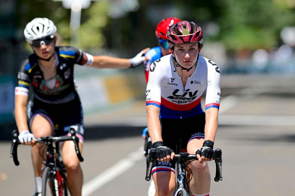 REGGIO EMILIA, ITALY - JULY 05: Tereza Neumanova of Czech Republic and Team Liv Racing Xstra crosses the finish line during the 33rd Giro d'Italia Donne 2022, Stage 5 a 126,1km stage from Carpi to Reggio Emilia / #GiroDonne / #UCIWWT / on July 05, 2022 in Reggio Emilia, Italy. (Photo by Dario Belingheri/Getty Images,)