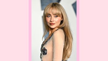 Sabrina Carpenter wears a silver embellished mesh top as she attends the 2023 Vanity Fair Oscar Party Hosted By Radhika Jones at Wallis Annenberg Center for the Performing Arts on March 12, 2023 in Beverly Hills, California/ in a pink template