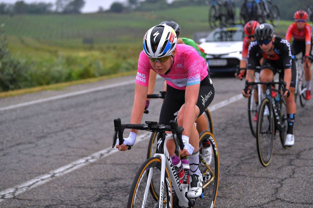 OVADA ITALY JULY 04 Demi Vollering of Netherlands Green Points Jersey Anna Van Der Breggen of Netherlands and Team SD Worx Pink Leader Jersey during the 32nd Giro dItalia Internazionale Femminile 2021 Stage 3 a 135km stage from Casale Monferrato to Ovada GiroDonne UCIWWT on July 04 2021 in Ovada Italy Photo by Luc ClaessenGetty Images