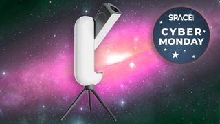 Vaonis vespera smart telescope against a pink andromeda galaxy with cyber monday deal logo