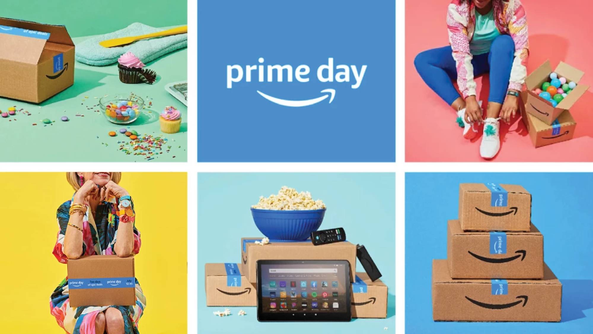 Kolase warna-warni Amazon Prime Day dengan paket Amazon Prime Day dan perangkat Amazon