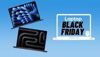 Black Friday MacBook Air and MacBook Pro in black against blue gradient background