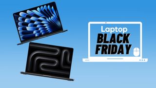 Black Friday MacBook Air and MacBook Pro in black against blue gradient background