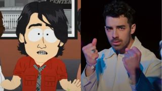 An animated Joe Jonas raising his hands in concern in South Park S13 E1 "The Ring," pictured next to the real Joe Jonas in SNL S50 E16.