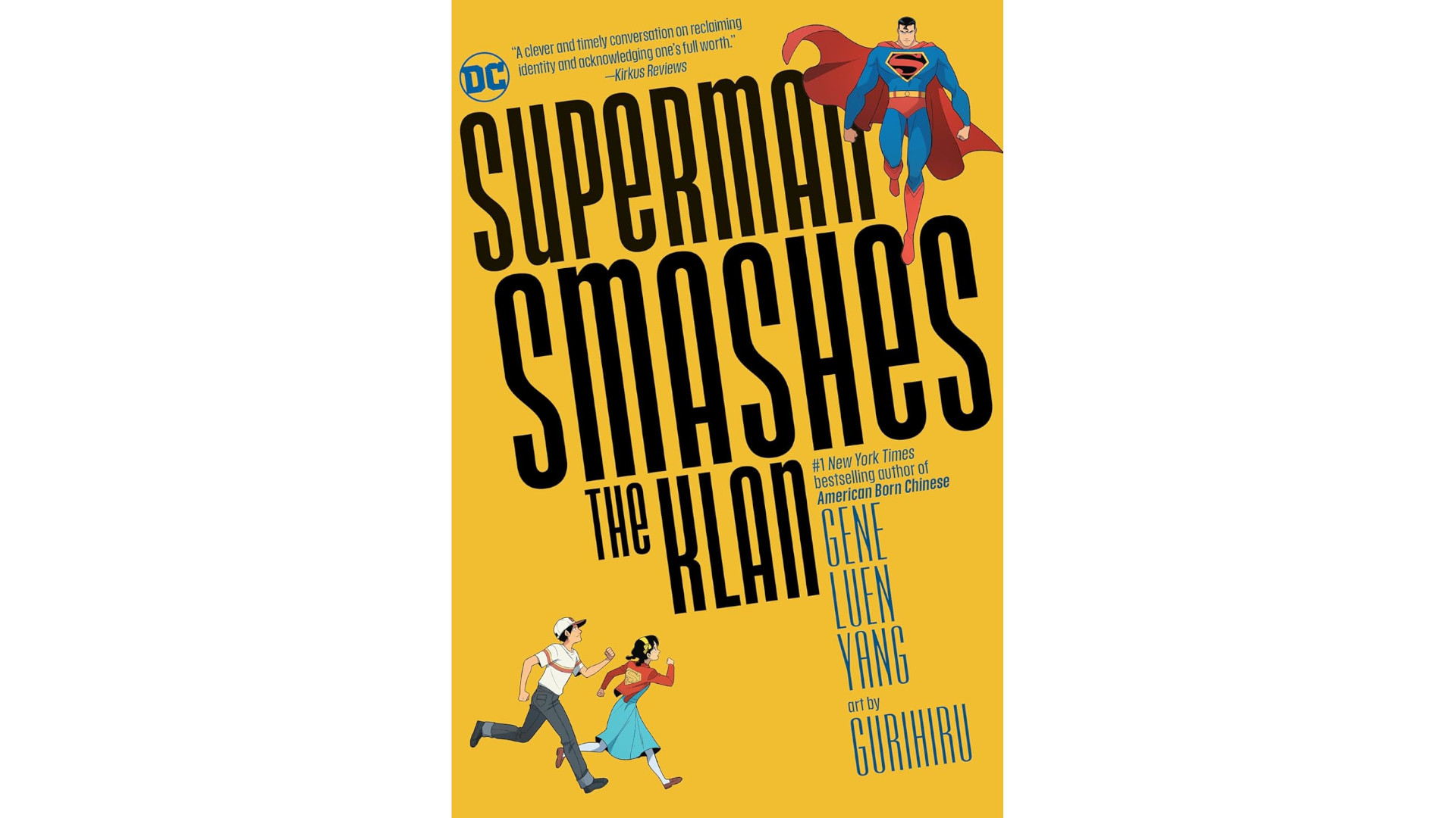 Superman flying over the title of the Superman Smashes The Klan comic book cover.