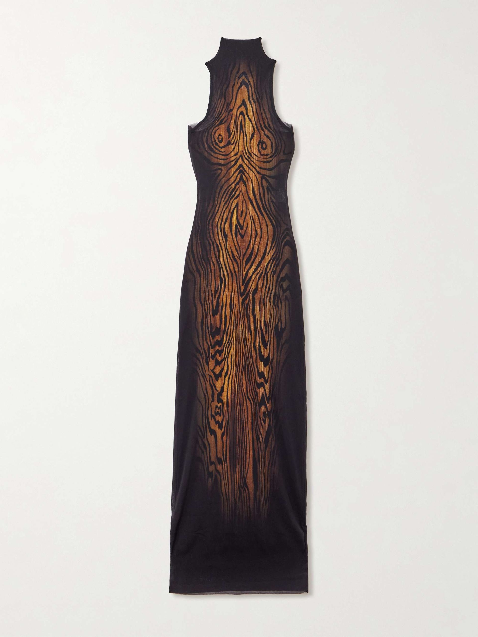Layered Draped Printed Stretch-Tulle Turtleneck Maxi Dress
