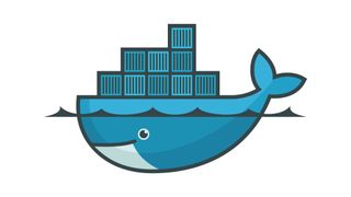 Docker tutorial for beginners: A blue whale, semi submerged, carrying a stack of 9 containers of different shades of blue