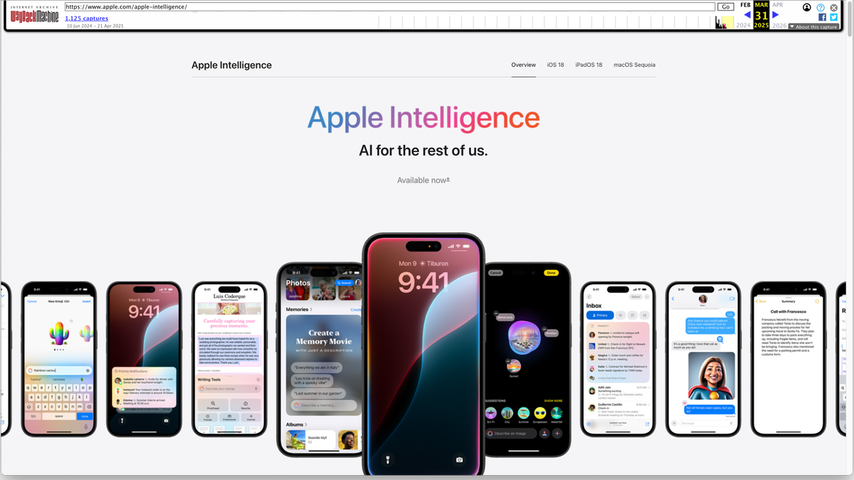 The Apple Intelligence home page from March 31, around 11am, with the "Available Now" heading