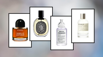 Product collage of Le Labo Thé Noir 29 Eau de Parfum, BYREDO Vanille Antique Parfum Extract, Maison Margiela &#039;REPLICA&#039; When the Rain Stops, Diptyque Orphéon Eau de Parfum in white squares with black border on grey, white, and blue gradient background 