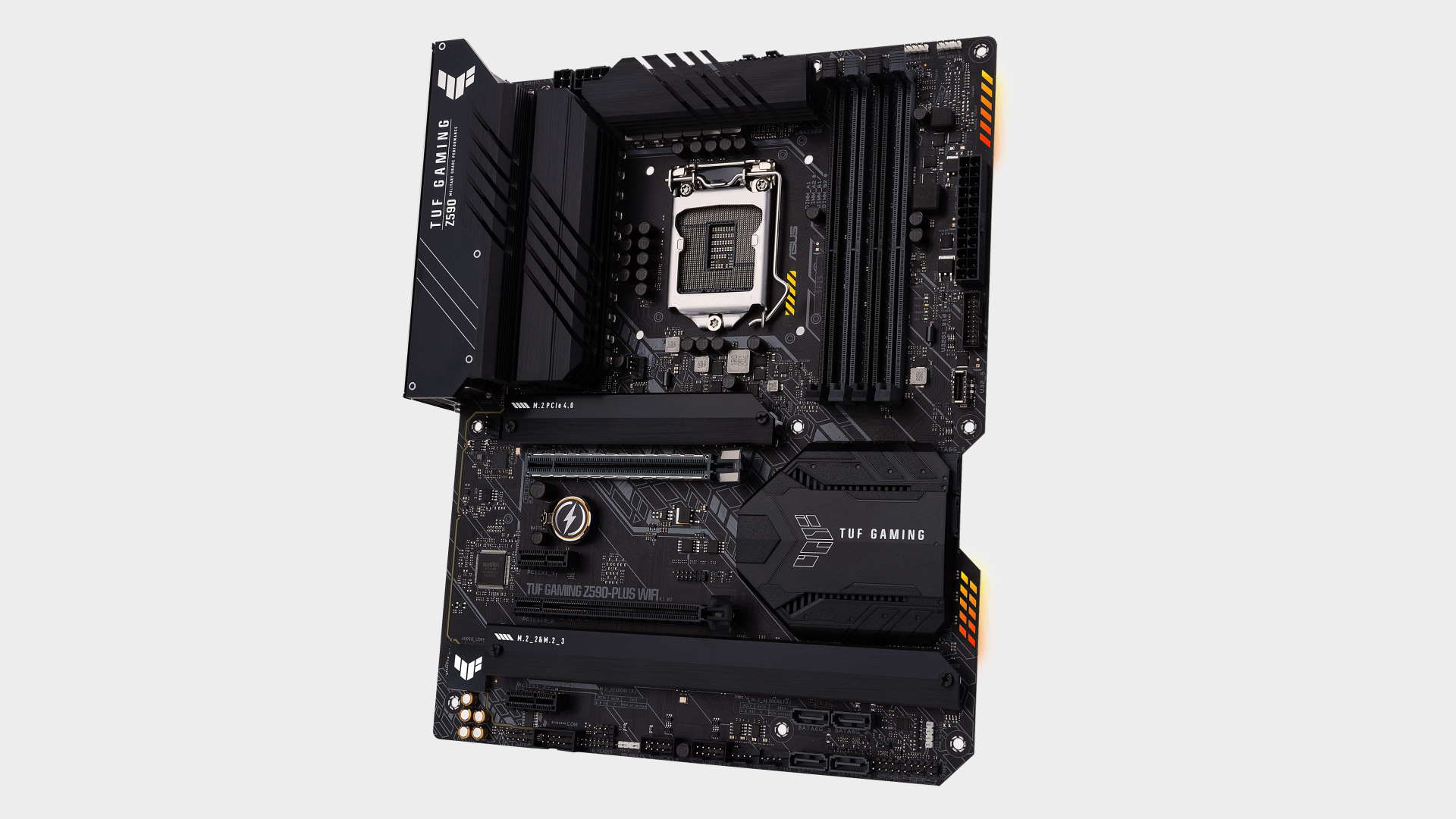 Image of the Asus TUF Gaming Z590 Plus gaming motherboard top down on a grey background.
