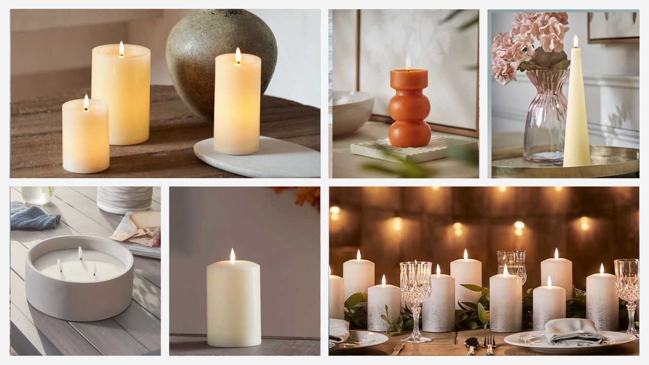 A collage of the best flameless candles on the market, including examples of candles from Cox &amp; Cox, Lights4Fun, and The White Company