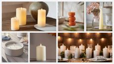 A collage of the best flameless candles on the market, including examples of candles from Cox & Cox, Lights4Fun, and The White Company