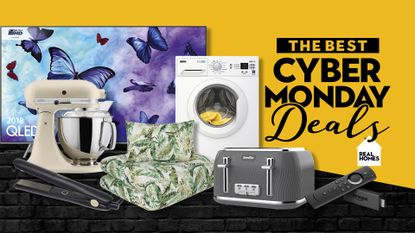 Cyber Monday home deals collage image – showing items such as a KitchenAid and washing machine, alongside a yellow and black graphic background
