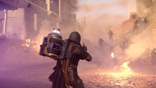 A screenshot of Helldivers 2, depicting a Helldiver with a hellbomb on their back