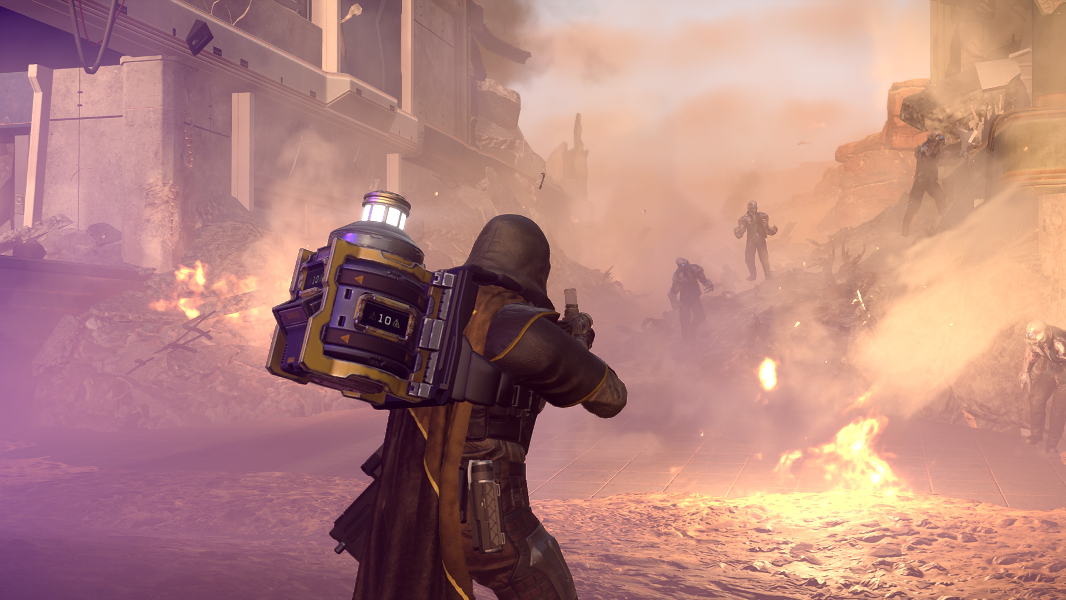 A screenshot of Helldivers 2, depicting a Helldiver with a hellbomb on their back