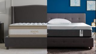 The image shows the Saatva RX on the left and the Tempur-Pedic Tempur-Adapt on the right in a side by side comparison 