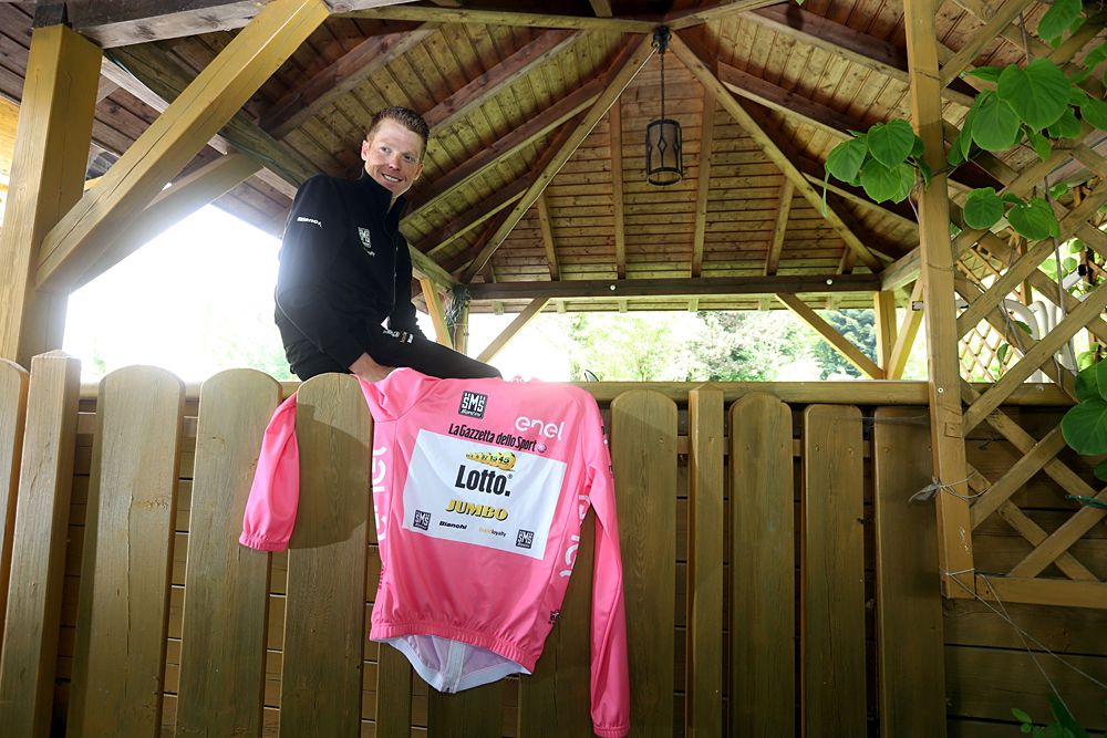 Dutch Steven Kruijswijk of team Lotto NL poses with the pink jersey during the 3rd rest day of Giro d'Italia