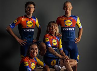 Lidl-Trek riders (L to R) Giulio Ciccone, Shirin van Anrooij, Clara Copponi and Thibau Nys model new kits for 2025 